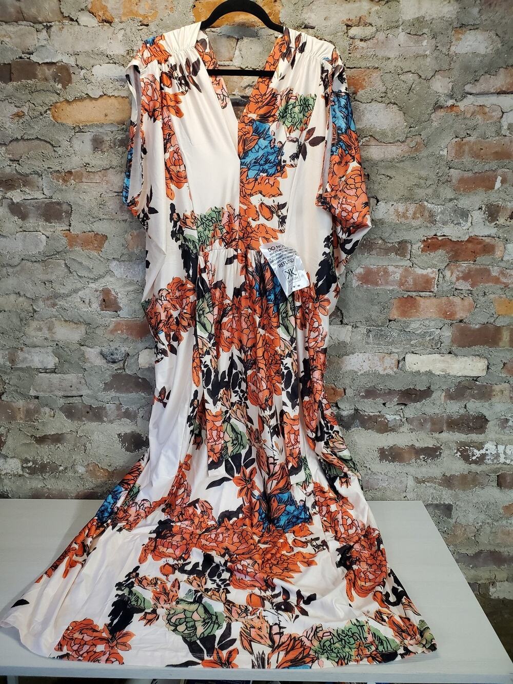 KOH KOH Womens Maxi Dress XL Off White Multicolor Floral V Neck Short Sleeve NWT